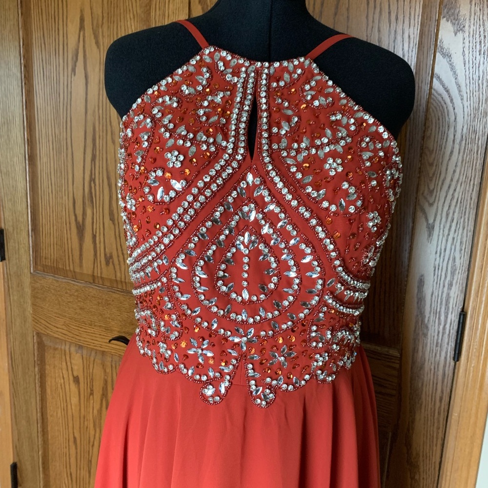Elegant Orange Embellished Halter Dress